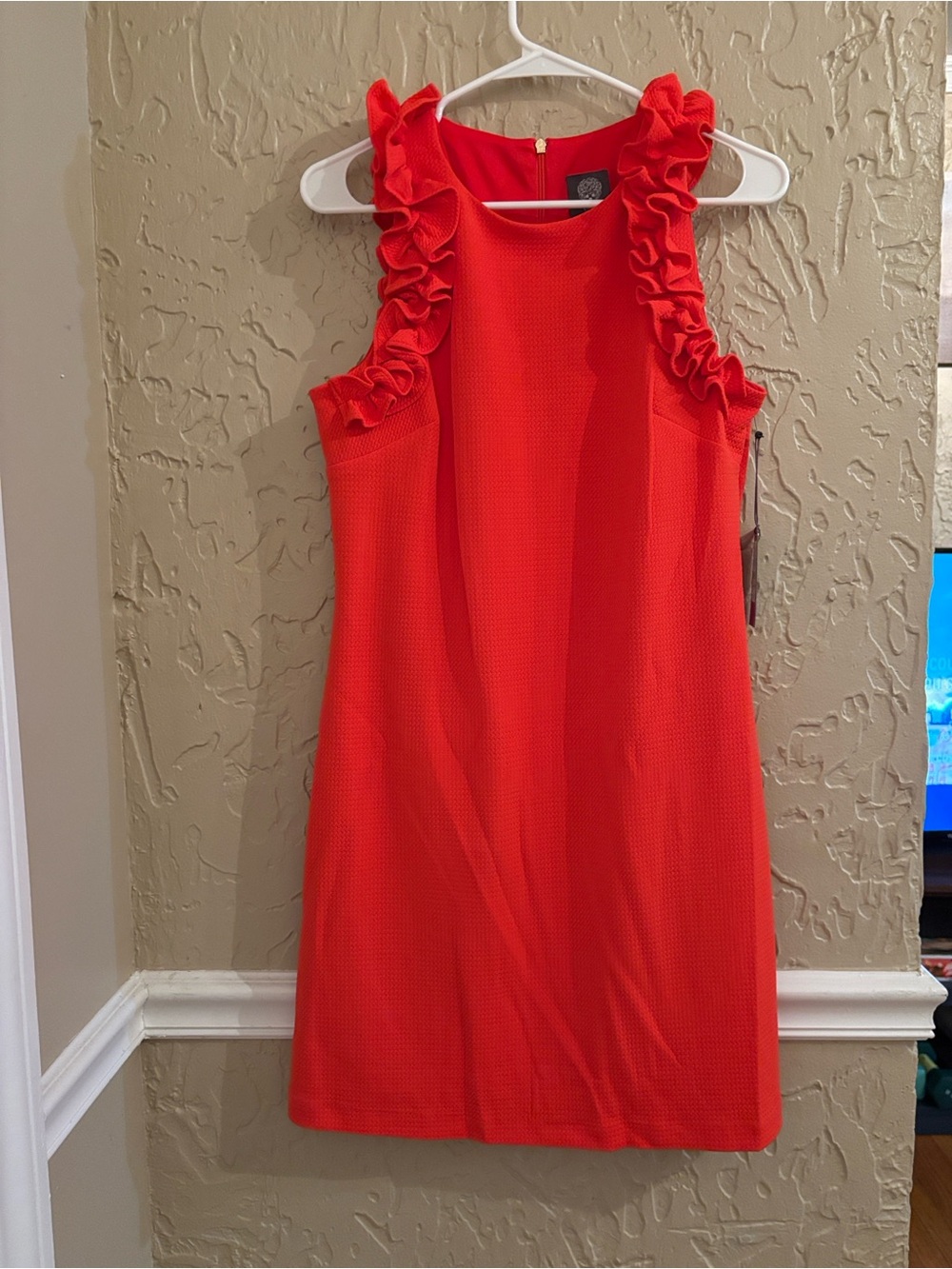NWT - Vince Camuto Coral-Red Ruffle Shoulder Shift Dress